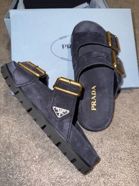 Prada Navy Suede Double-Buckle Slide Sandals with Gold Hardware